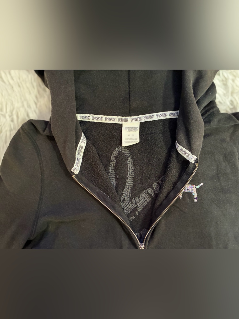 Victorias Secret PINK Y2K 2010s Sequin Bling Lounge Zip Up Hoodie Logo Black S - Picture 4 of 9